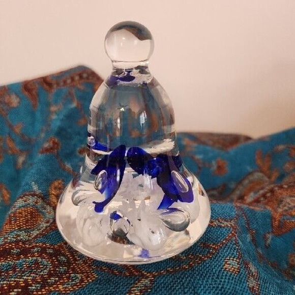 Joe Rice St Clair Blown Glass Bell Blue White Flower 2016 Paperweight 4.25" - Picture 1 of 6